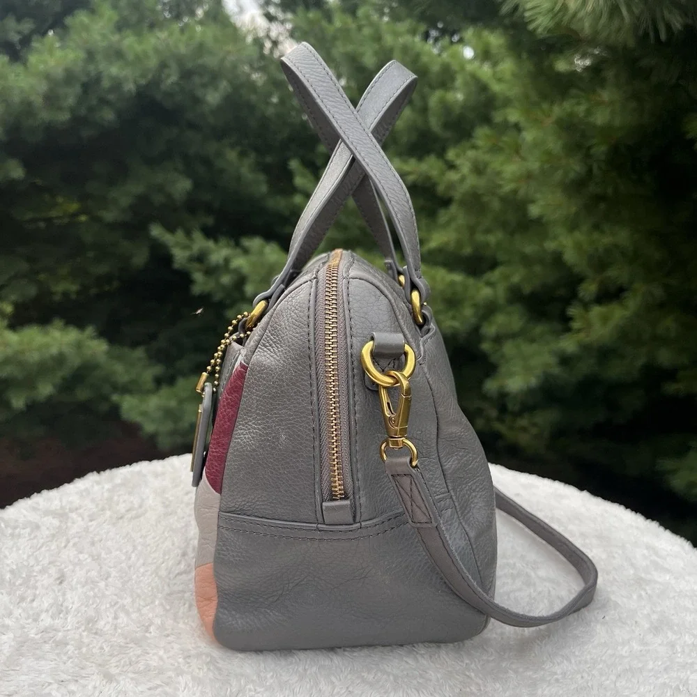 Fossil Satchel Patchwork Leather Geometric Crossbody Bag Purse Gray